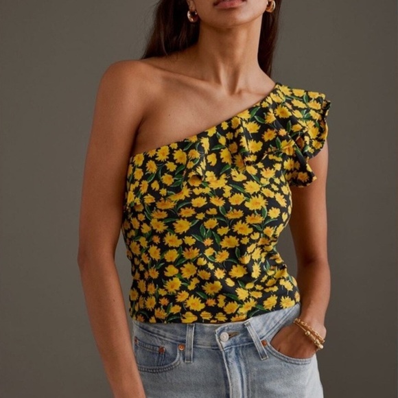 Maeve Tops - Maeve Anthropologie Women’s Size Small Black Yellow Print One Shoulder Top New